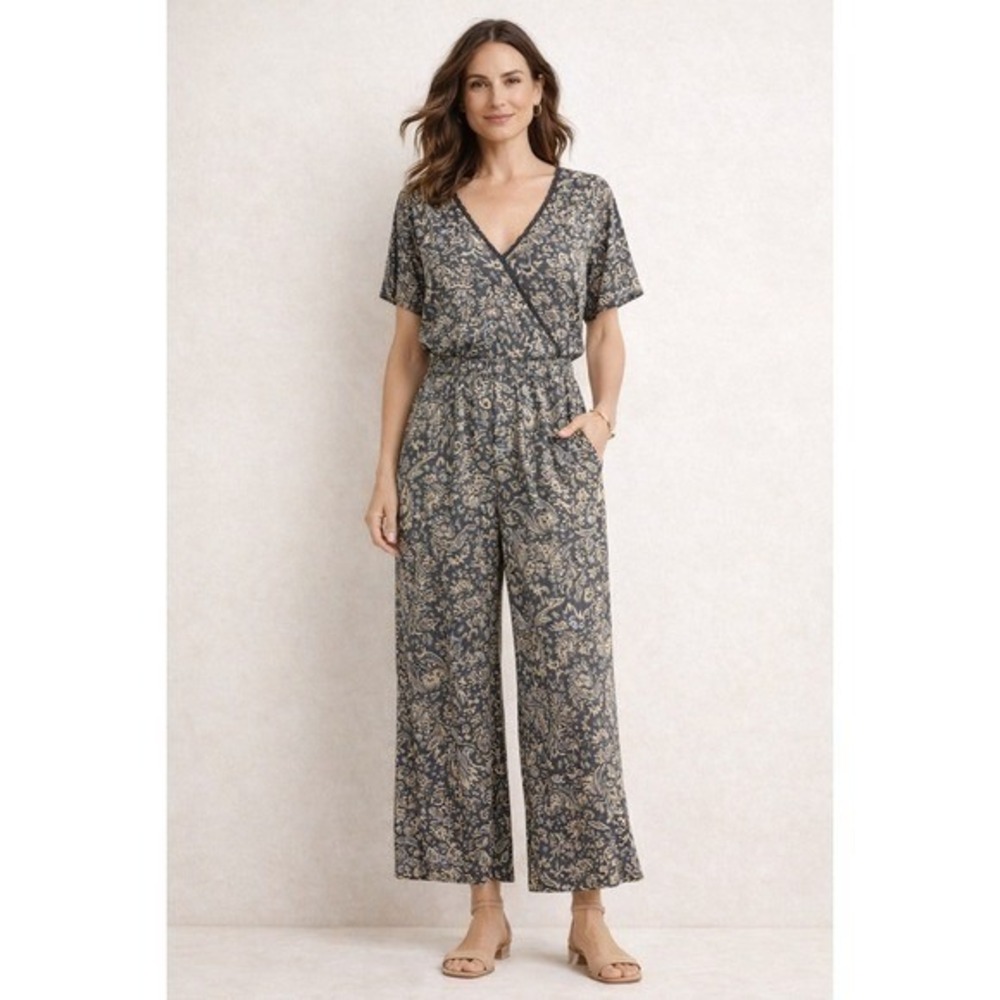 Sundance‎ MED Paisley Wide Leg Jumpsuit Blue Cream V-Neck Button Front Cotton